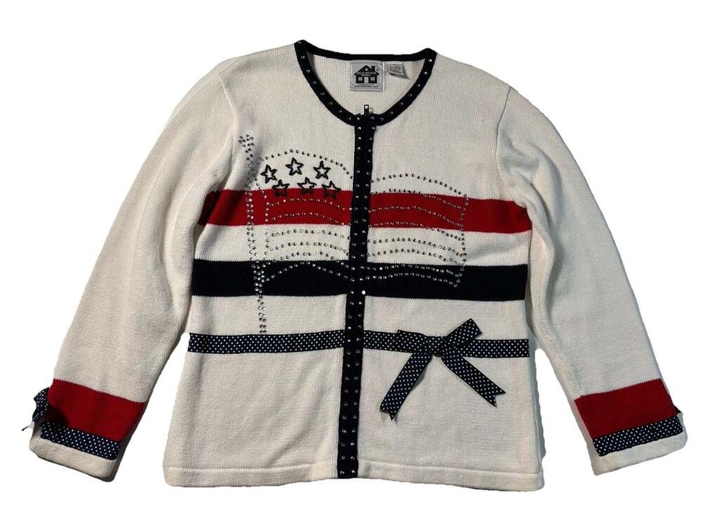 Storybook Knits Women’s Sz M American Flag Full Zip Patriotic Bows Cardigan